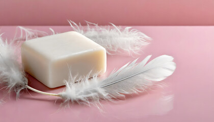 White soap bar and feathers on pink background with copy space