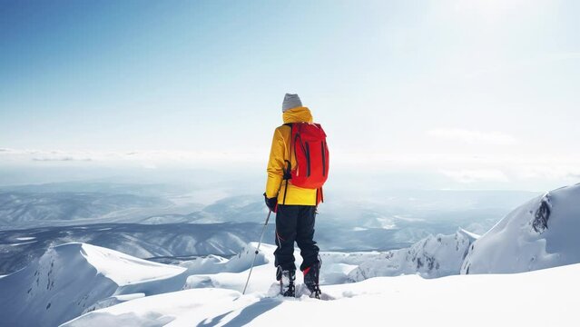 Slow motion skier on the peak of a snowy mountain, sports recreation. AI generated.