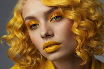 Fototapeta premium Close-up of a woman with brightly yellow hair, yellow creative makeup
