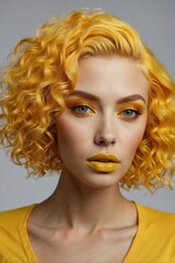 Obraz premium Close-up of a woman with brightly yellow hair, yellow creative makeup