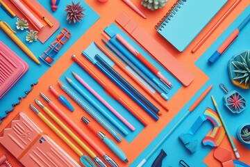 Vibrant collection of office supplies on a blue and orange background.