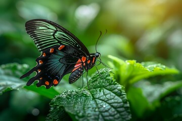 Close-up of a black butterfly with orange spots on lush green leaves.
