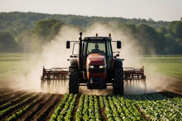 Fototapeta premium Tractor spraying field with vegetables from wide sprayer