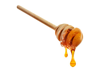 Fresh honey dripping from wooden honey dipper on white background - 3D illustration - 731953579