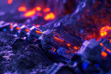 Futuristic vehicle model in a sci-fi landscape with glowing lava.