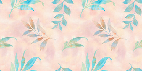 Abstract seamless pattern with leaves. Raster illustration. branches with leaves on a watercolor orange background. seamless background