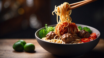 picture noodle and meatball in the bowl looks delicious artistic