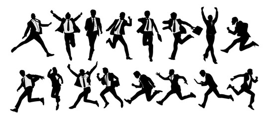 Silhouettes of diverse business people running, jumping, celebrating, success, men and women full length, front and side view. Vector monochrome illustration isolated on white background.