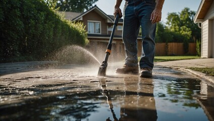 Man cleaning driveway with high-pressure washer at his own home - obrazy, fototapety, plakaty
