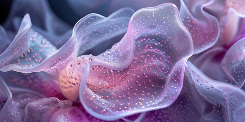 Organic Wavy Structures with Tender, Delicate, and Iridescent Parts, Orchid-Like Textures with Neon Glowing Veins and Dots in Hues of Pink and Gray
