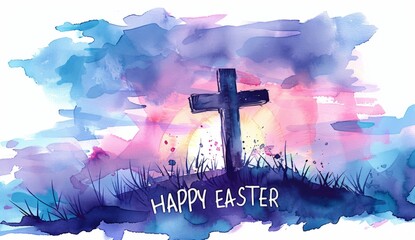 HAPPY EASTER watercolor artwork of cross with sunrise Generative AI - obrazy, fototapety, plakaty