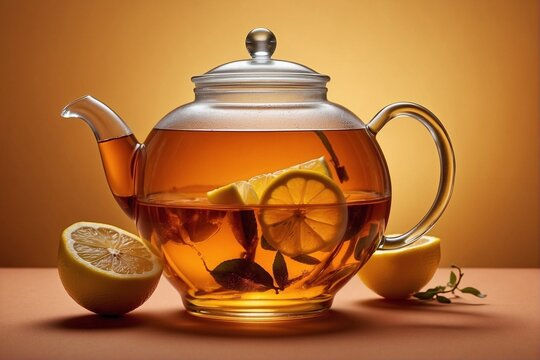 Glass teapot with hot tea and lemon slices