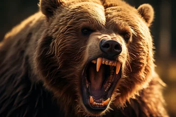 Fotobehang Close-up of an angry grizzly bear roaring with a fierce expression in the wild. © GreenMOM