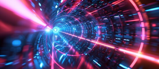 Obraz premium A cutting-edge tunnel beams vibrant red and blue lights, creating an electrifying ambiance reminiscent of a futuristic space event.