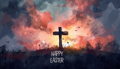 HAPPY EASTER a cross painting in watercolors on a dark sky Generative AI - obrazy, fototapety, plakaty