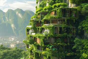 An eco-friendly futuristic building covered in slush greenery, including shrubs, vines, and indoor plants. Concept of urban nature integration.
