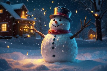Snowman against Christmas lights during snowfall