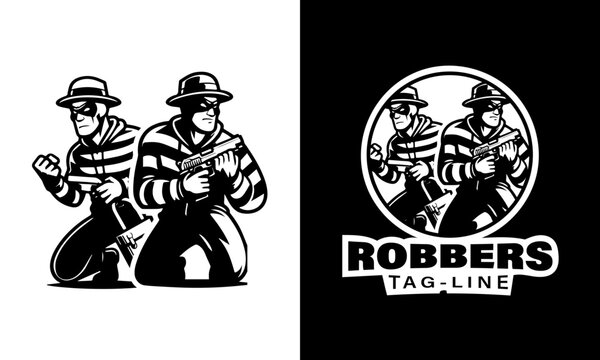 mascot logo of two robbers robbing the bank  ,black and white robbers mascot logo