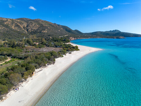 Tuerredda beach seen from above with a drone, surrounded by its famous turquoise sea, on the south-west coast of Sardinia. Coast of Tuerredda bay, Teulada, Sardinia, Italy.