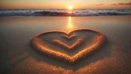 Heart drawn on the sand against a sunset on the beach