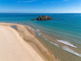 Su Giudeu bay, beach with crystal clear water and white sand, view from above with drone, Chia,  Chia beach, Domus de Maria, Sardinia