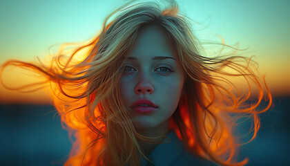 girls hair moving in the wind by night, hair in front of face, blurred background,generative ai