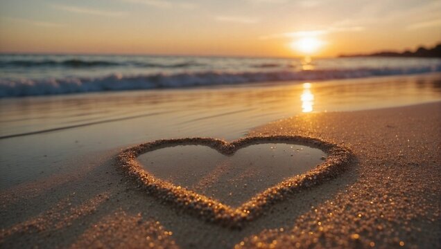 Heart drawn on the sand against a sunset on the beach