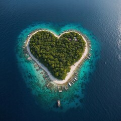 Small heart-shaped island in the middle of the ocean: aerial view