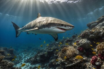White shark swimming above a coral reef: king of the sea, coral reef, looking at the camera