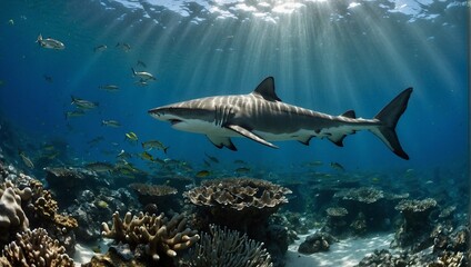 White shark swimming above a coral reef: king of the sea, coral reef, looking at the camera