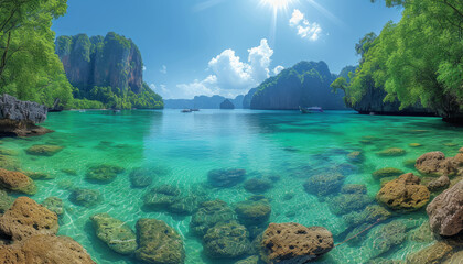 Fototapeta premium Pileh Lagoon with green emerald ocean at Koh Phi Phi Thailand,generative ai