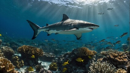 White shark swimming above a coral reef: king of the sea, coral reef, looking at the camera - obrazy, fototapety, plakaty