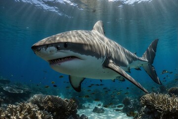 White shark swimming above a coral reef: king of the sea, coral reef, looking at the camera