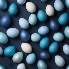 Blue easter eggs painted by hand on a dark background. Easter stylish minimal composition. Top view, flat lay, copy space 