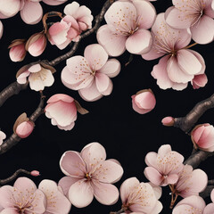 Seamless pattern with pink sakura flowers on black background.