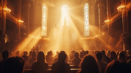 Capturing divine moments: church worship concept Christians, raised hands, earnestly pray and worship to cross in the sacred ambiance of a church building, expressing faith and spiritual connection. - obrazy, fototapety, plakaty