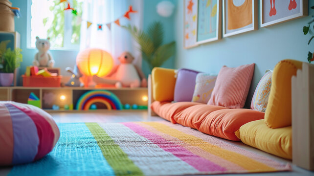 Cheerful playroom scene, lively colors, imaginative play, ideal for family-oriented designs, indoor entertainment concepts