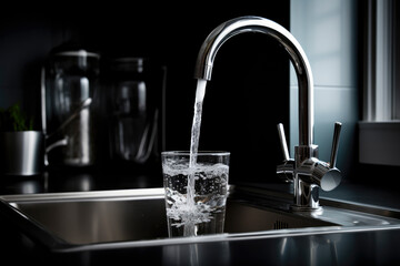 Clean tap, water.  Kitchen tap, filling glass of water, illustrating the need fora  clean, drinkable water supply