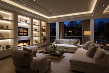 Elegant Living Room with Fireplace at Dusk