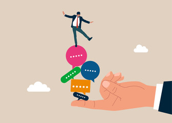 Man falling from stack of unstable speech bubbles. Discussion, employee survey or customer suggestion. Vector illustration