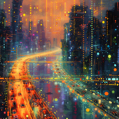 abstract image of an urban street with lights and buildings, in the style of futuristic cityscapes