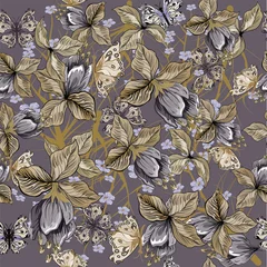 Rolgordijnen Seamless floral tropical  pattern  with  blue exotic flowers  on grey © Alleftina203