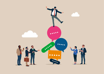 Businessman falling from stack of unstable speech bubbles. Conversation, meeting, team communication, colleague chatting, opinion. Flat vector illustration