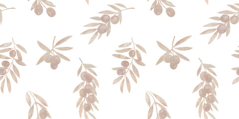 Fototapeta na wymiar Seamless pattern, endless watercolor pattern, hand drawn. Olive branches, olives, juicy tree fruits. Fabric design, kitchen textiles, packaging, wrapping paper.
