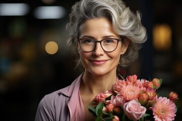 Smiling Senior Lady with Fresh Flowers