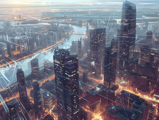 Naklejka premium cityscape of architecture at night, in the style of future tech, dark cyan and ambe
