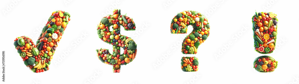 Fototapete fruits and vegetables set - special characters check mark - $ - ? - ! . 3d isolated on a white backg
