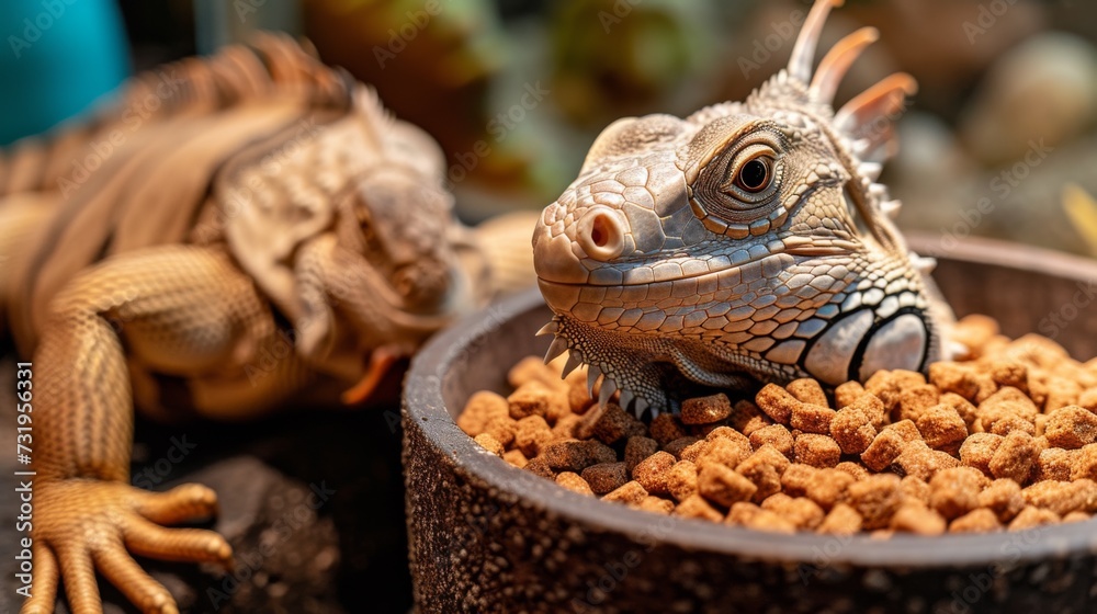 Wall mural A lizard and a turtle sitting in the bowl of food, AI