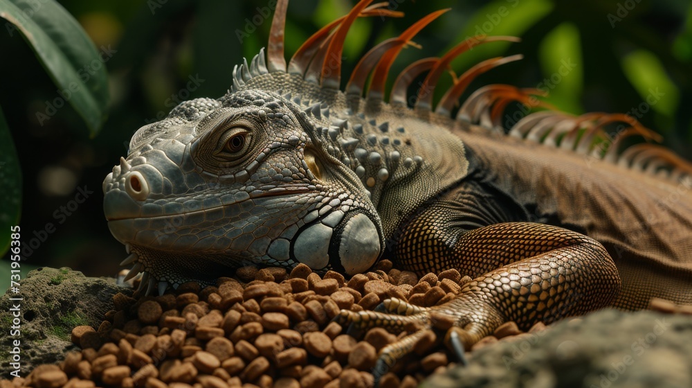 Wall mural An iguana laying on top of a pile of food, AI