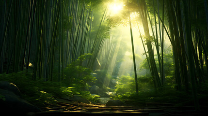 A tranquil bamboo forest with sunlight filtering through the tall stalks, creating a peaceful ambiance